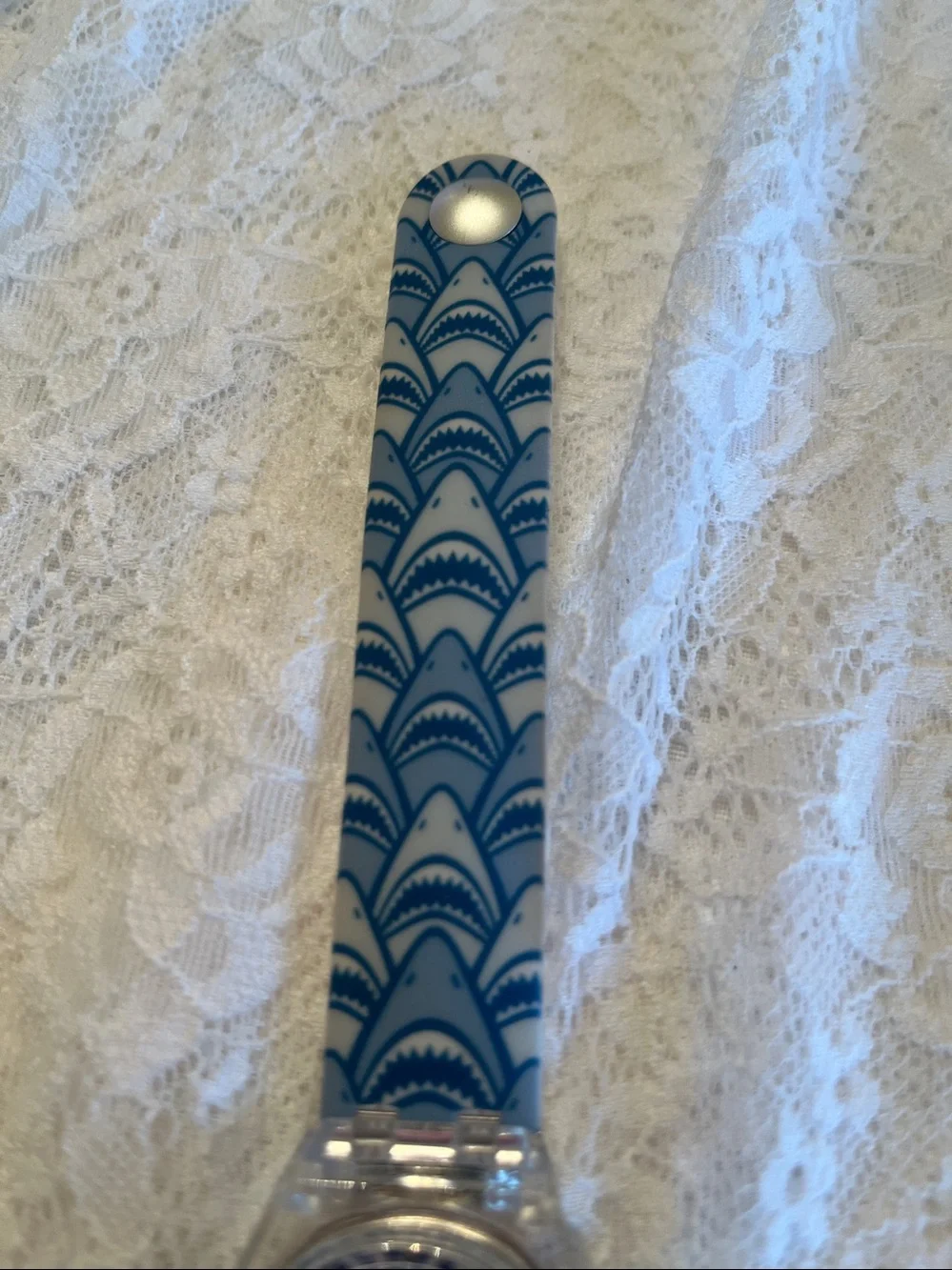 GLO Clear Case Watch with White and blue shark Strap and Silver Back